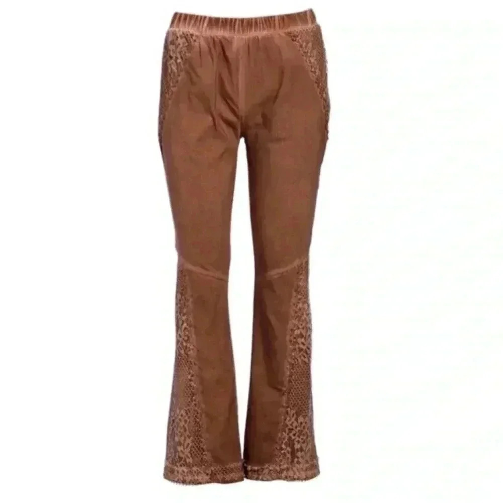 🆕Pretty Angel Coffee Lace-Accent Wide-Leg Linen Blend Pants S🆕